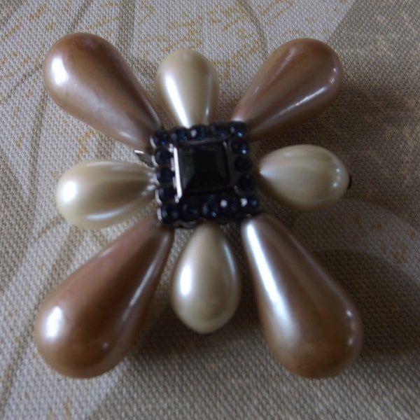 Givenchy Pearl with Blue Rhinestones Fashion Brooch Pin