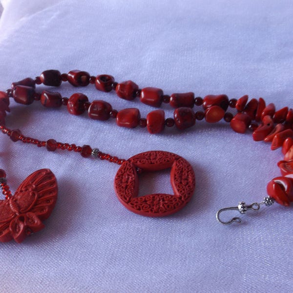 RED CORAL, CINNABAR beads, glass beads unusual necklace, rare, unique, one of a kind.