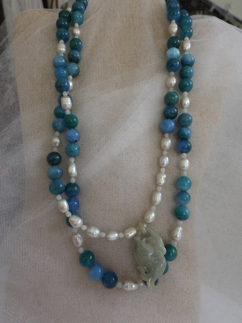 Necklace. JADE FISH PENDANT Blue and Green Apatite Beads Silvery Freshwater Pearls White Glass Faceted Beads
