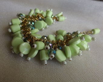 LEMON CHRYSOPRASE BEADED Bracelet with Faceted Crystal Beads, Gold Tone Chain, Small White Beads, Fashionable, Cool, Fresh.