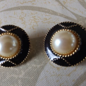 Black Enamel with Large Faux Pearl, Pierced Earrings, Fashion Earrings