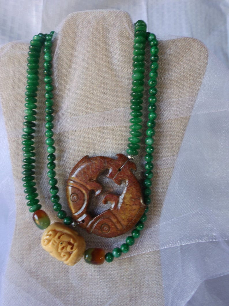 DOUBLE FISH JADE Pendant, Oblong Carved Dragon Bone Bead, Jade Beads, Chinese Asian Unusual Rare