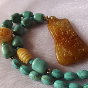 GOLD JADE CARVED pendant, turquois beads, carved bone beads, Chinese Asian rare unusual unique necklace, one of a kind.