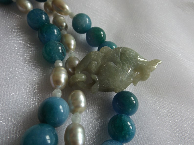 Necklace. JADE FISH PENDANT Blue and Green Apatite Beads Silvery Freshwater Pearls White Glass Faceted Beads