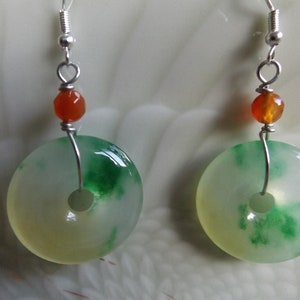 CHINESE BI EARRINGS, Jade and Carnelian Red Bead, Pierced Earrings, Chinese Asian Style Earrings, Unique Unusual