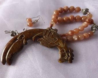 JADE DRAGON PENDANT, sunstone beads, Tibetan silver beads, Chinese Asian style necklace, rare, unique, unusual necklace.