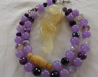 DRAGON GOLD JADE Pendant, Lavender Aventurine Beads, Purple Striped Agate Beads, Gold Quartz Beads, Agate Barrel Bead, Asian Style Necklace.