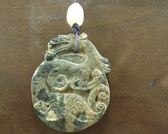 GREEN JADE DRAGON Pendant, White Agate Bead, Leather Cord, Unisex Necklace, Asian Chinese Style Necklace, One of a Kind, Unique