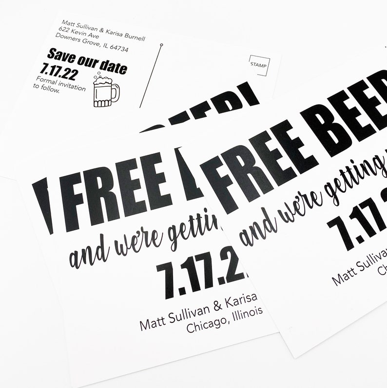 free beer save the date postcard, brewery wedding announcement, custom save the date cards, funny save the date, wedding post card image 3