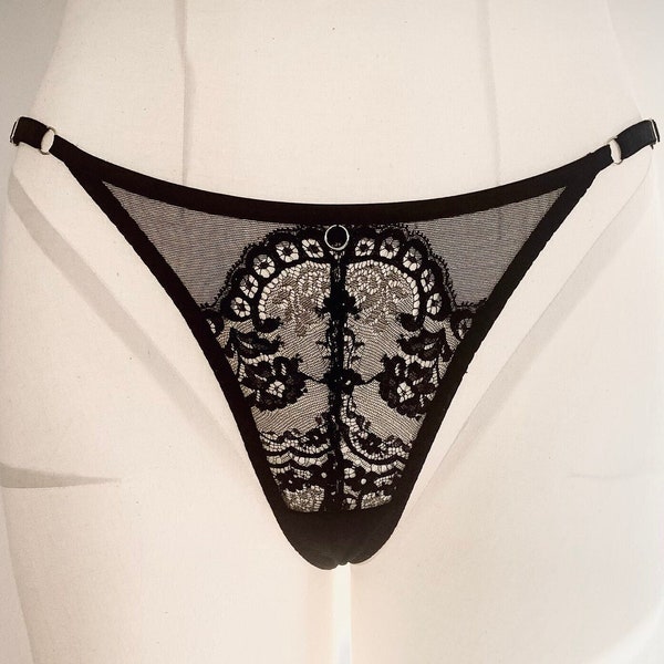 Black French Lace Thong | Luxury Lingerie Made With Genuine Leavers Lace Appliqué & Real Silk | Ethical, sustainable and made in the UK