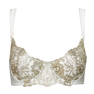 Orla Gold French Lace & Silk Satin Bra | Features gilded lace in a half cup balconette style | Luxurious bridal lingerie handmade in the UK