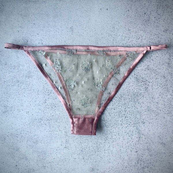 Transparent Lace Tanga Brief | Silk and lace | Luxurious lingerie made in the UK | Rhiannon features sheer lace with metallic threads