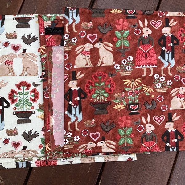 VINYL Cross Stitch Embroidery Needlepoint Storage Project Bag "Hop Hop Hooray" Bunny Wreaths In Front Teresa Kogut Pick Your Prints