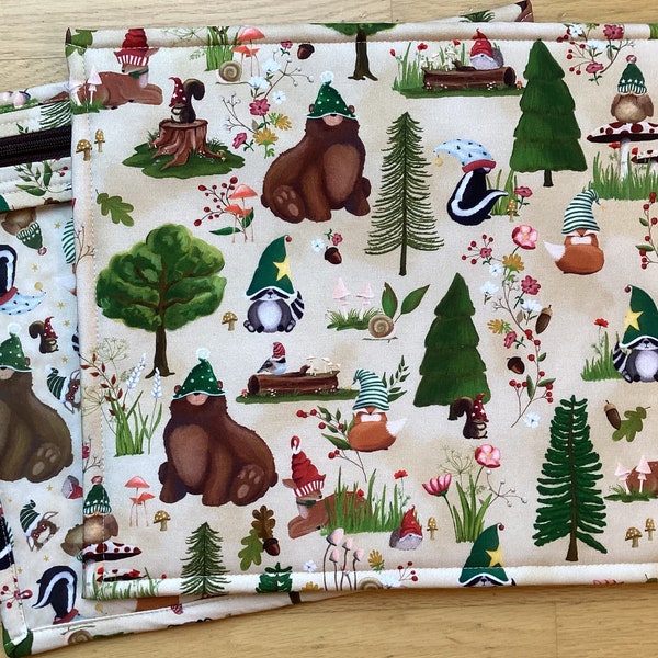 VINYL Cross Stitch Embroidery Needlepoint Storage Project Bag Gnomeland Critters Forest Fellas Oak Beige Digital Gnomies Front