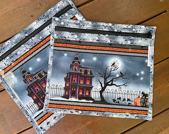 VINYL Cross Stitch Embroidery Needlepoint Storage Project Bag Spooky Night Mysterious Haunted Mansion Spooky Figures Look Out The Window