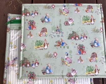 VINYL Cross Stitch Embroidery Needlepoint Storage Project Bag &quot; Peter Rabbit & Friends&quot; Fern Characters Digitally Printed Cloud Duck Stripe