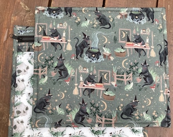 VINYL Cross Stitch Embroidery Needlepoint Storage Project Bag Goblincore Cats Spell Making Cats Black Cauldrons Magic Tools Artifacts