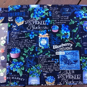 VINYL Cross Stitch Embroidery Needlepoint Storage Project Bag "Blueberry Delight" Market Chalkboard Midnight Blue Digital Print