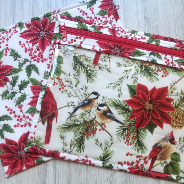 VINYL Cross Stitch Embroidery Needlepoint Storage Project Bag Holiday Decadence Red Silver Metallic Beautiful Birds Winter Theme