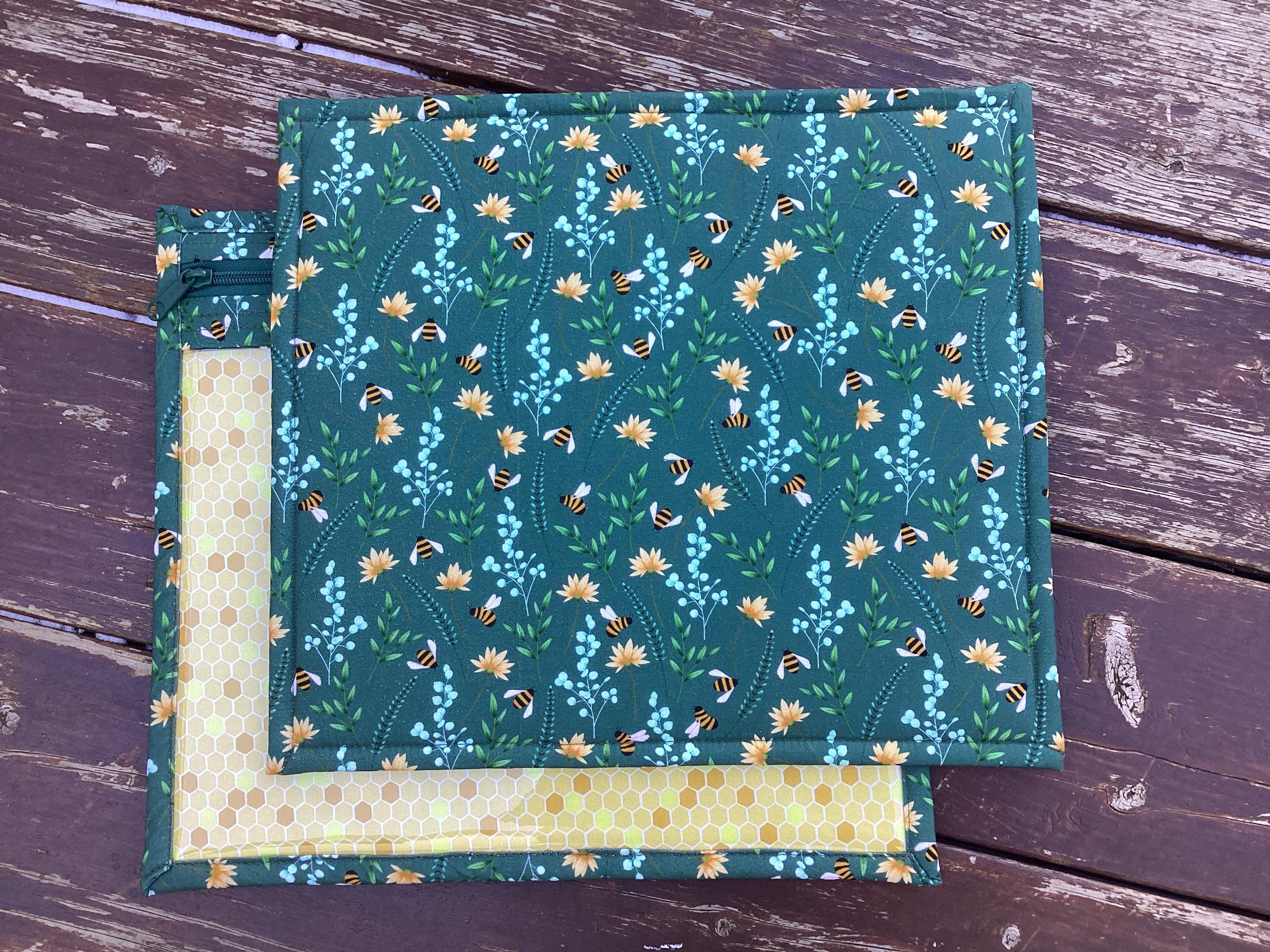 VINYL Cross Stitch Embroidery Needlepoint Storage Project Bag " Flowers & Bees" In Emerald Green With Honey In Centre Front