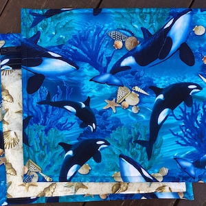 VINYL Cross Stitch Embroidery Needlepoint Storage Project Bag"Jewels Of The Seas" In Aquamarine Happy Orca