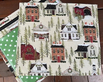 VINYL Cross Stitch Embroidery Needlepoint Storage Project Bag Snow Village In Beige With Green Polka Dot Centre Front Vinyl Project Bag
