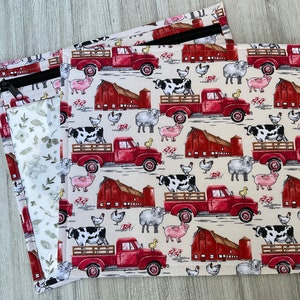 VINYL Cross Stitch Embroidery Needlepoint Storage Project Bag Farm Animals Barnyard Party Nattural Beige Red Truck Barn Farm Animals Vinyl