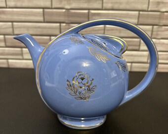 Rare Vintage Hall Cadet Blue Airflow 6 Cup Teapot 0449 Gold Trim Made in USA