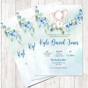 Personalised Elephant Christening  / Baptism / birthday Party Invitations, Pastel Blue, Set of 10 including envelopes