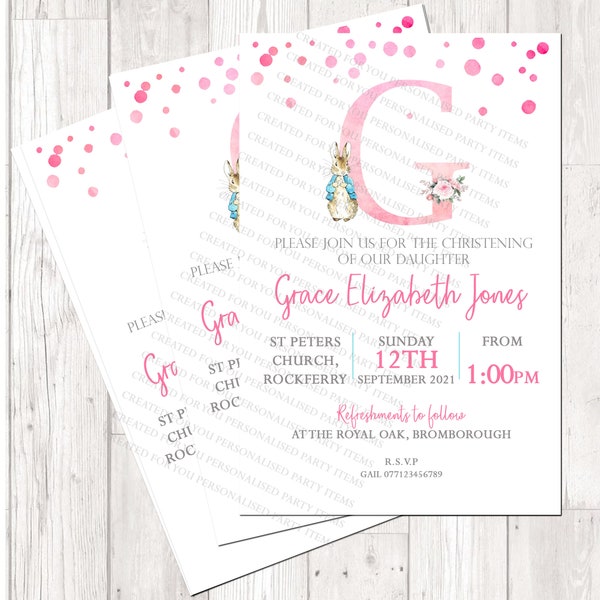 Beautiful Personalized Pastel PETER RABBIT Christening /Baptism birthday party invitations pastel colour x10 including white envelopes PINK