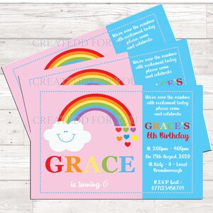 Personalised Rainbow Birthday Invitations Celebration Invite Pastel Colours (x10) Including Basic White Envelopes