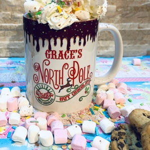 Personalised North Pole Christmas Mug, Faux Chocolate Drip