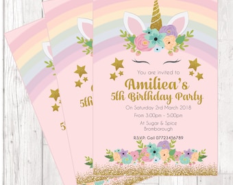 Beautiful Personalized Sleepy unicorn & Rainbow birthday party invitations pastel colour x10 TEN including white envelopes