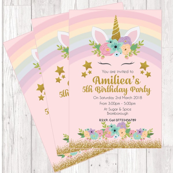 Beautiful Personalized Sleepy unicorn & Rainbow birthday party invitations pastel colour x10 including white envelopes