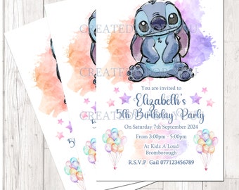 Beautiful Personalized Stitch Birthday Party Invitations Pastel Colour x10 Including White Envelopes