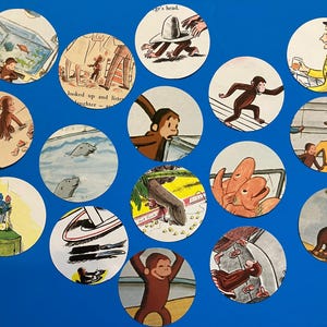 May include: A collection of circular illustrations featuring a brown monkey in various scenes. The images depict the monkey interacting with objects and people, set against a blue background. The illustrations are from a children's book.
