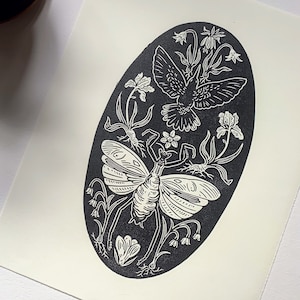 Mantis and Hummingbird, Original Hand Carved, Hand Printed, Linoleum Block Print