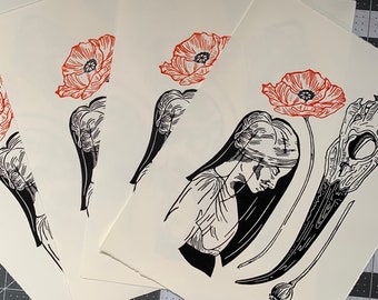 The Weight of a Veil, Original Hand Carved, Hand Printed, Linocut Block Print