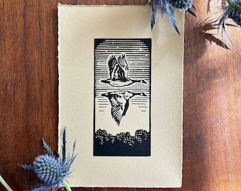 Wild Geese, Original Hand Carved, Hand Printed, Linocut Block Print