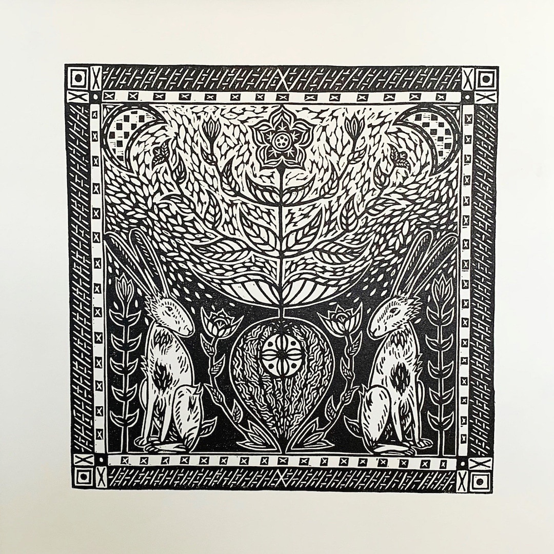 German Artist Rabbit Abundance, German Folk Art, Rabbits and Chinese Lantern Ground Cherry ...