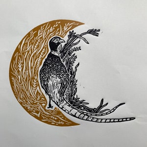 Pheasant, Bird, Original Hand Carved, Hand Printed, Linocut Block Print