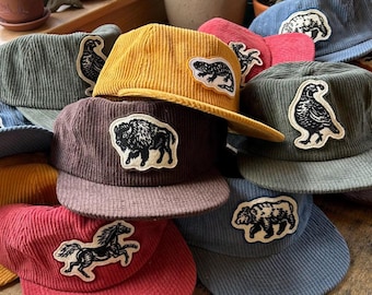 Field Trip Hat, Wool Felt Patch, Linocut, quail, salamander, horse, bison, & bear