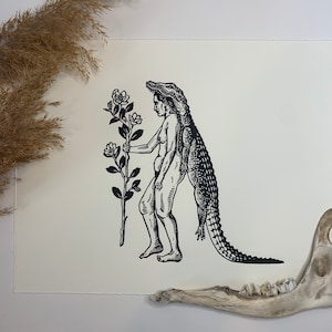 Gator Gal, “I long to be a wild thing”, Bayou, Swamp, Original Hand Carved, Hand Printed, Linoleum Block Print