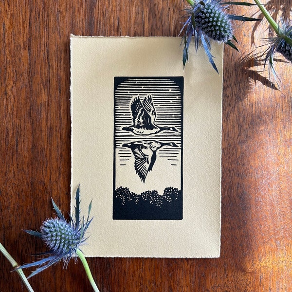 Gansos salvajes, original tallado a mano, impreso a mano, impresión en bloque de linóleo