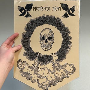 Memento Mori, Magpie, Wheat Wreath, and Skull, Original Hand Carved, Hand Printed, Linocut Block Print