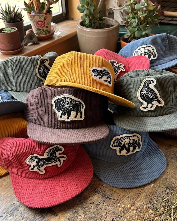 Field Trip Hat, Wool Felt Patch, Linocut, quail, salamander, horse, bison, & bear