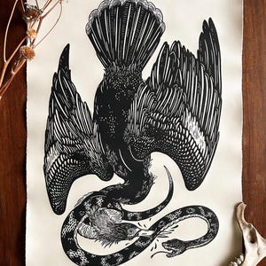 Anhinga et mocassins aquatiques, impression linogravure originale, affiche XL sculptée et imprimée à la main en édition limitée