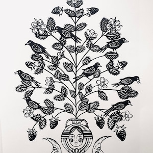 Strawberry Fields, Blackbirds, Moon Men, Original Hand Carved, Hand Printed, Linocut Block Print