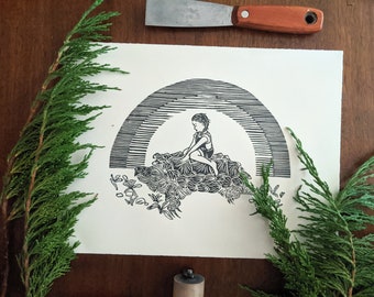 Dziewczynka jadąca na żółwiu aligatorowym, oryginalna rzeźba ręczna, druk ręczny, linoryt blokowy
