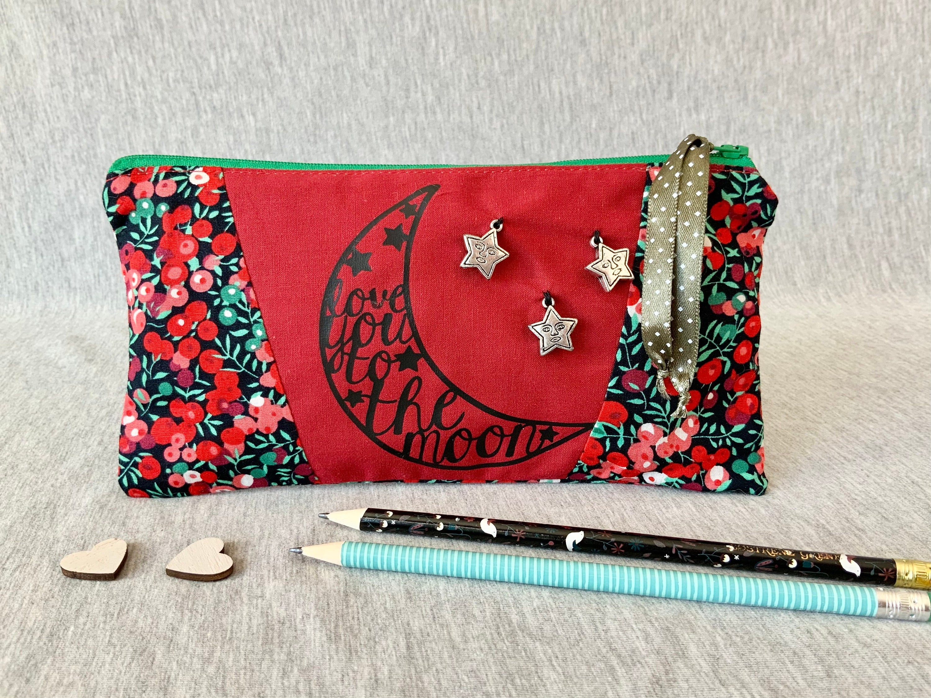 Trousse, 22x12cm, Pochette à Crayon, Étui Maquillage, Rangement Pinceaux, Love You To The Moon Rouge